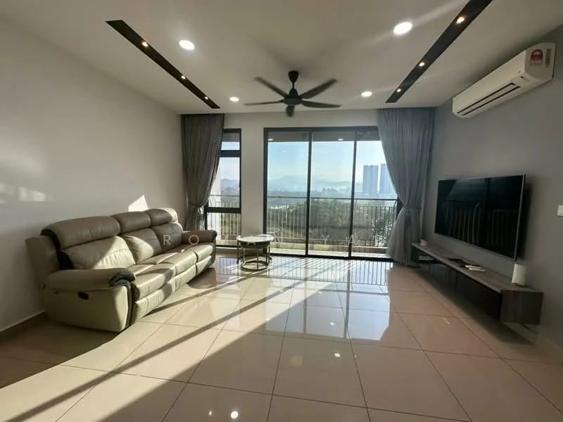 Living features: 3-seater leather sofa in beige, coffee table, wall-mounted TV, TV console, floor-to-ceiling windows, sliding glass door, curtains, recessed LED downlights, ceiling fan, cream painted walls, glossy tile flooring, mountain view; style: modern; view: mountain.