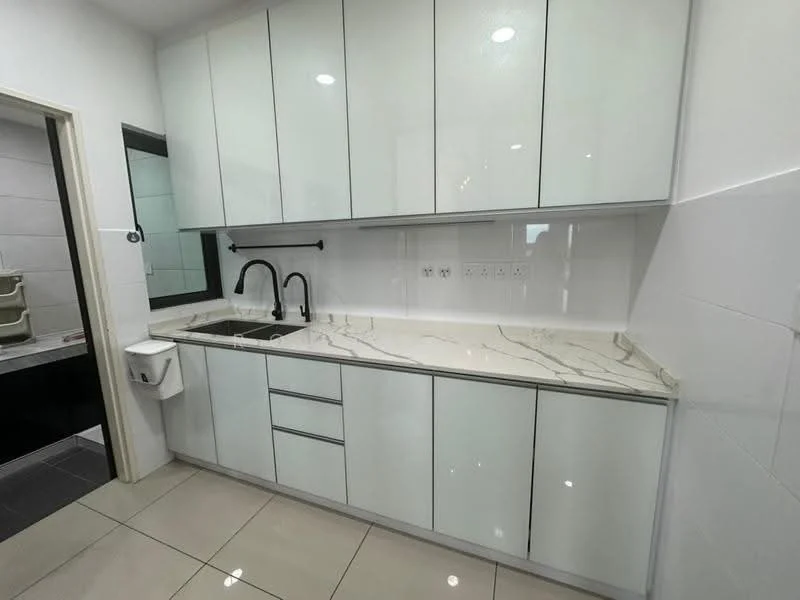 Kitchen features: white glossy cabinetry, marble countertop with grey veining, single-bowl stainless-steel sink, black gooseneck faucet, wall-mounted storage, built-in appliances, tile backsplash, ceramic tile flooring, recessed lighting; style: modern.