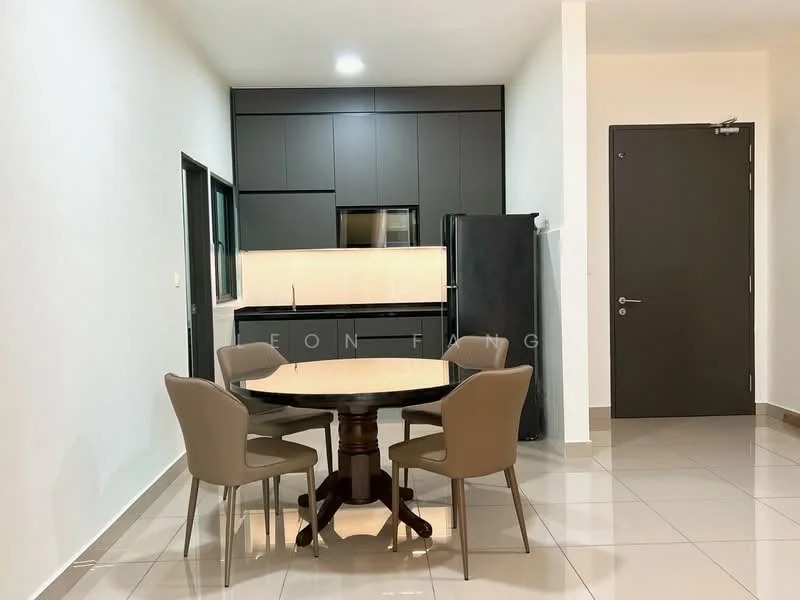 Kitchen features: black cabinetry, white countertop, built-in oven, stainless-steel fridge, ceramic tile flooring, recessed downlights, single-bowl stainless-steel sink, chrome pull-down faucet; style: modern. Dining features: round dining table, 4 upholstered dining chairs; style: modern.