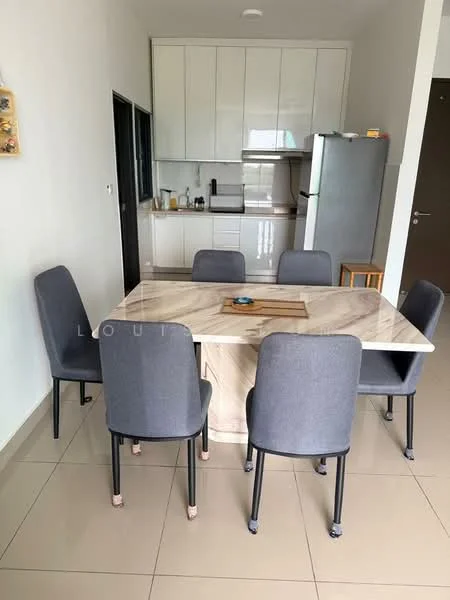 Dining features: 6-seater dining table with marble top, grey upholstered dining chairs, white painted walls, cream tiled flooring, kitchen area visible in background, built-in cabinetry, stainless-steel fridge, kitchen countertop, kitchen appliances visible; style: modern.