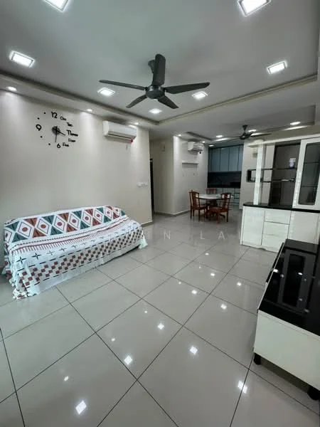 Living features: white painted walls, glossy tile flooring, 5-blade ceiling fan with light, recessed LED downlights, sofa with patterned throw, dining table with chairs, air conditioning unit, wall clock, TV console, open layout to kitchen; style: modern.