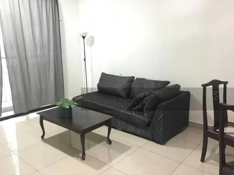 Living features: black fabric sofa, coffee table with dark wood finish, floor lamp, curtains in grey, white painted walls, glossy tile flooring, indoor plant in ceramic pot; style: modern.