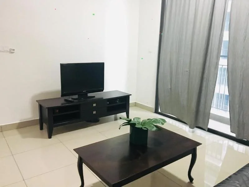 Living features: flat-screen TV on stand, dark wood coffee table, dark wood TV console, ceramic tile flooring, floor-to-ceiling window, grey sheer curtains, indoor plant in pot, white painted walls; style: modern.