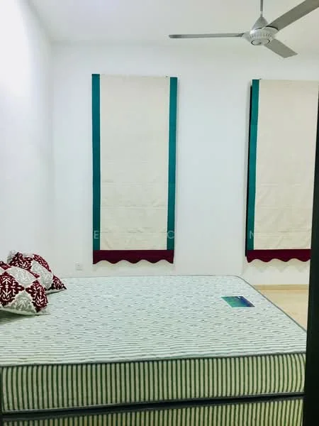 Bedroom features: queen-size bed, striped mattress, two decorative pillows with floral pattern, white painted walls, light wood flooring, ceiling fan, two fabric wall hangings with teal and maroon accents; style: minimalist.