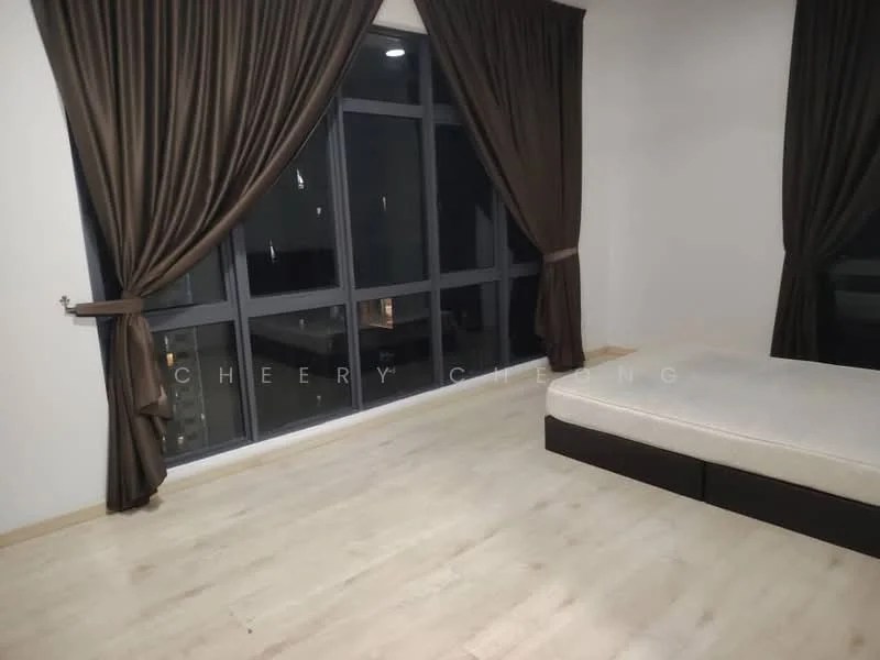 Bedroom features: large floor-to-ceiling windows, dark brown curtains, light wood flooring, unfurnished space, neutral wall color, minimalist design, night view, no visible furniture; style: modern; view: city.