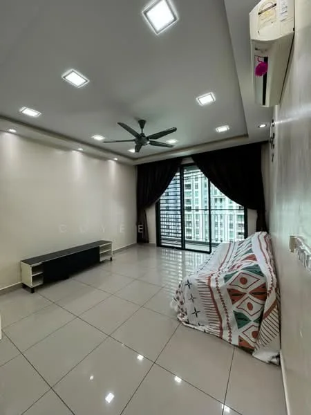 Living features: white painted walls, glossy ceramic tile flooring, recessed LED downlights, 5-blade ceiling fan with light, floor-to-ceiling windows, blackout curtains, sofa with patterned throw, TV console, air conditioning unit; style: modern; view: city.