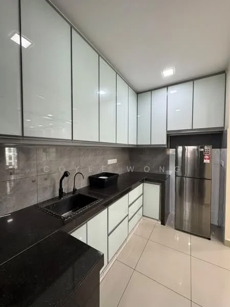Kitchen features: black granite countertop, white glossy cabinetry, stainless-steel fridge, single-bowl black sink, matte-black gooseneck faucet, grey tiled backsplash, recessed LED downlights, ceramic tile flooring, wall-mounted cabinets, built-in appliances; style: modern.