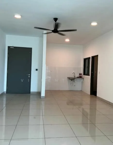 Room features: white painted walls, polished ceramic tile flooring, 5-blade ceiling fan, recessed LED downlights, single-bowl stainless-steel sink, grey door, large window, open layout; style: modern.
