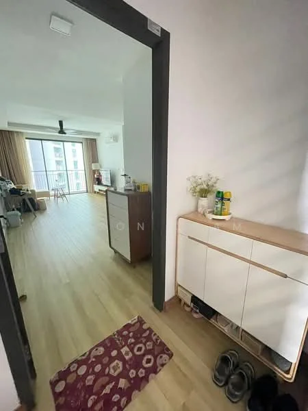 Room features: light wood flooring, white painted walls, ceiling with recessed lighting, open doorway, small console table, decorative vase, shelves with various items, door mat, slippers, window with sheer curtains; style: modern.