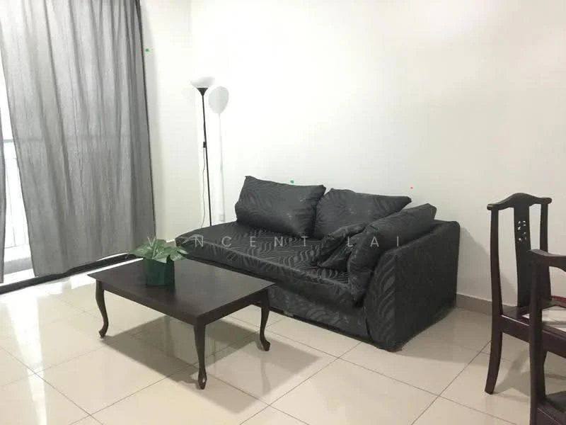 Living features: 3-seater fabric sofa in grey, coffee table with dark wood finish, floor lamp, curtains in grey, glossy tile flooring, potted plant, wall with light paint, sliding glass door; style: modern.