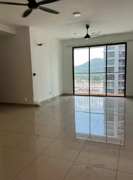 Living features: white painted walls, glossy ceramic tile flooring, 2 ceiling fans, floor-to-ceiling windows, mountain view, recessed downlights, sliding glass door, open layout; style: modern; view: mountain.