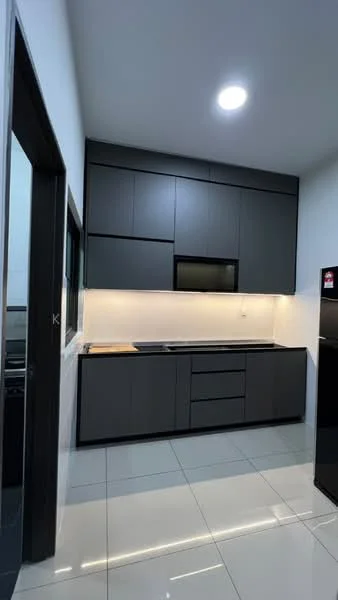 Kitchen features: black flat-panel cabinets, white countertop, built-in oven, stainless-steel sink, chrome pull-down faucet, black refrigerator, ceramic tile flooring, recessed LED downlights, wall-mounted microwave, backlit countertop, window for natural light; style: modern.