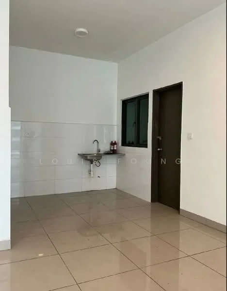 Room features: white painted walls, glossy ceramic tile flooring, single-bowl stainless-steel sink, chrome faucet, window with black frame, brown wooden door, light ceiling with recessed lighting; style: modern.