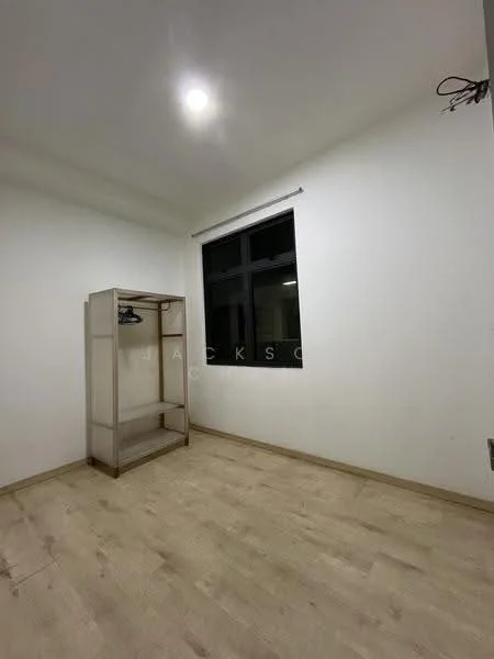 Bedroom features: white painted walls, laminate flooring, single window with black frame, built-in wardrobe, ceiling light fixture.