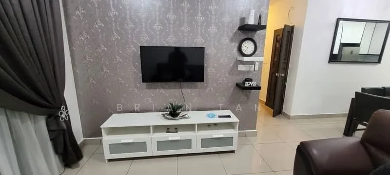 Living features: grey accent wall, white TV console, wall-mounted TV, decorative plant on console, clock on wall, framed mirror, cream curtains, tile flooring, recessed lighting; style: modern.