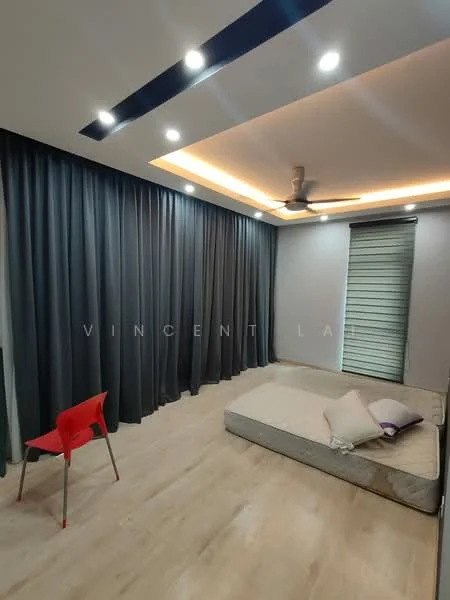 Room features: wooden flooring, grey curtains, recessed ceiling lights, ceiling fan, light wood platform bed, decorative pillows, sliding window with blinds, minimalist decor; style: modern.
