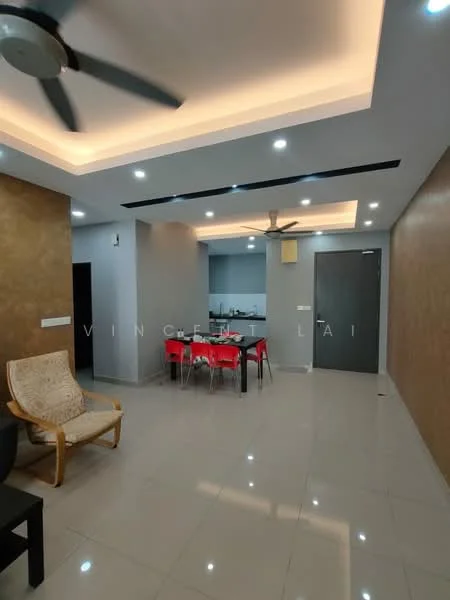 Living features: cream painted walls, grey accent wall, polished tile flooring, recessed downlights, 5-blade ceiling fan, dining area with 6 red chairs, open kitchen layout, wall-mounted TV, armchair, decorative wall paneling; style: modern.