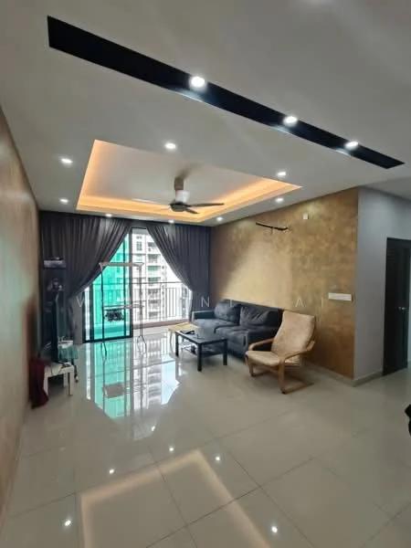 Living features: grey fabric sofa, wooden accent chair, coffee table, floor-to-ceiling windows, sliding glass door, curtains, 5-blade ceiling fan with light, recessed downlights, tray ceiling with LED strip lighting, glossy tile flooring, gold accent wall, wall-mounted TV, decorative wall paneling; style: modern; view: city.