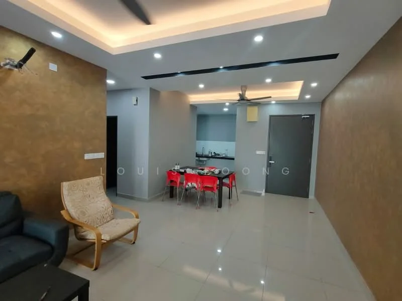 Living features: grey walls, gold accent wall, recessed ceiling lights, 5-blade ceiling fan, polished tile flooring, sofa, wooden armchair, dining table with red chairs; style: modern.