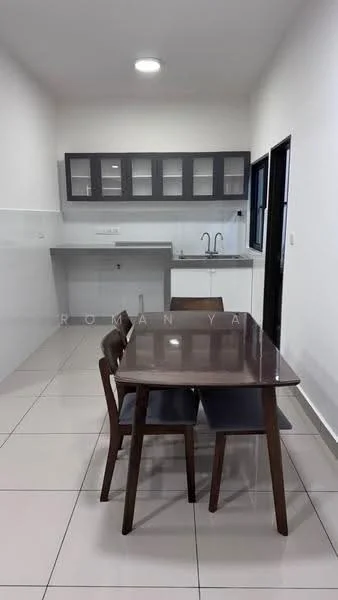 Kitchen features: grey cabinetry with glass-front upper cabinets, white tiled backsplash, grey countertop, single-bowl stainless-steel sink, chrome pull-down faucet, 4-seater dining table, wooden dining chairs, white painted walls, recessed ceiling lights, ceramic tile flooring; style: modern.