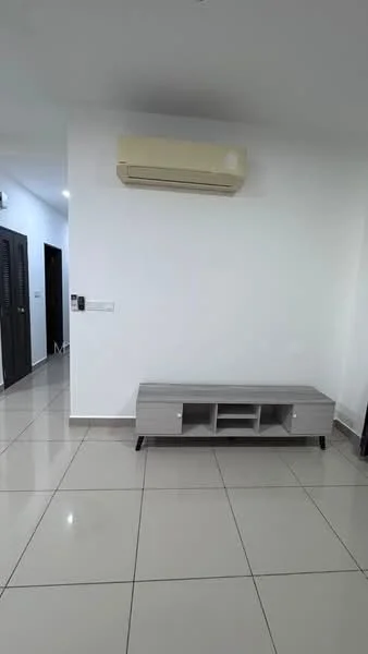 Room features: white painted walls, glossy ceramic tile flooring, 1 wall-mounted split AC, grey TV console with open shelving, light switch, doorway leading to another room, black wooden doors; style: modern.