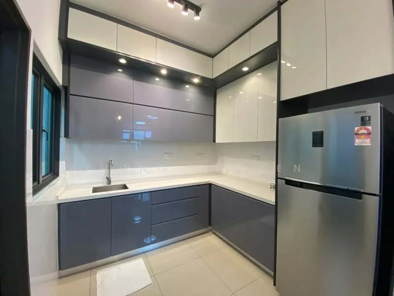 Kitchen features: grey and white cabinetry, stainless-steel fridge, single-bowl stainless-steel sink, chrome pull-down faucet, white quartz countertop, white tiled backsplash, built-in oven, 4-burner gas hob, recessed downlights, sliding window, tile flooring; style: modern.