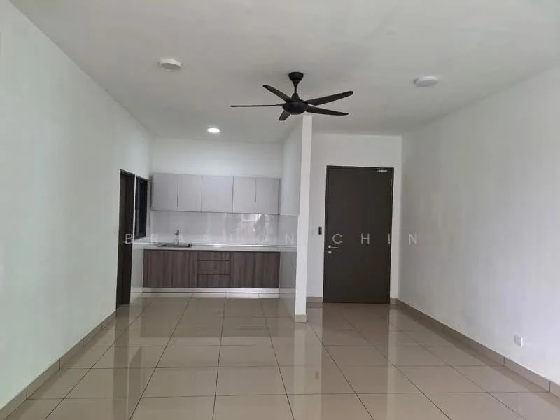 Living features: white painted walls, glossy ceramic tile flooring, 5-blade ceiling fan, recessed LED downlights, kitchenette with grey cabinetry, stainless-steel sink, countertop with storage below, door leading to another room; style: modern.