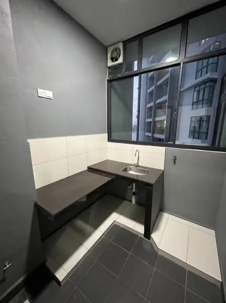 Laundry features: black countertop, single-bowl stainless-steel sink, grey painted walls, white tiled backsplash, black cabinetry, floor-to-ceiling windows, wall-mounted split AC, grey floor tiles; style: modern; view: city.