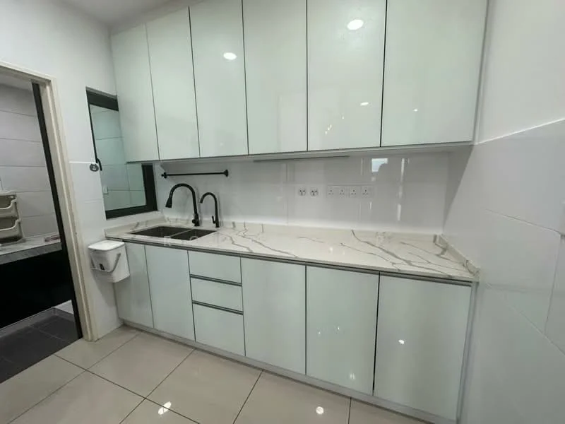 Kitchen features: white glossy cabinetry, marble countertop with grey veining, single-bowl stainless-steel sink, black gooseneck faucet, built-in cabinets, wall-mounted light fixtures, ceramic tile flooring, white tiled backsplash, recessed downlights; style: modern.