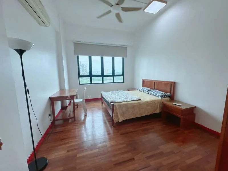 Bedroom features: queen-size bed, wooden bed frame, checkered bedspread, two bedside tables, table lamp, study desk, white walls, wooden flooring, floor-to-ceiling windows, roller blinds, ceiling fan with light; style: modern; view: city.