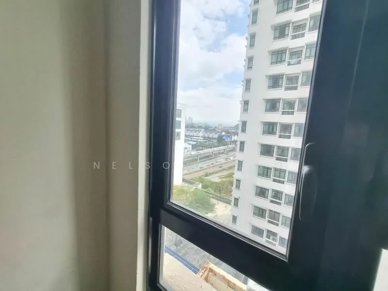 Room features: black framed window, city skyline view, natural light, white walls, concrete floor; view: city.