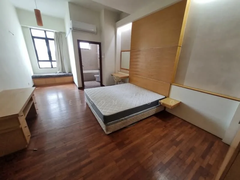 Bedroom features: wooden flooring, queen-size bed, built-in wooden headboard, wall-mounted shelf, window with sheer curtains, air conditioning unit, built-in wardrobe, desk with chair, light fixture, neutral wall color; style: modern. Bathroom features: toilet, sink, shower, tile flooring, neutral wall color.