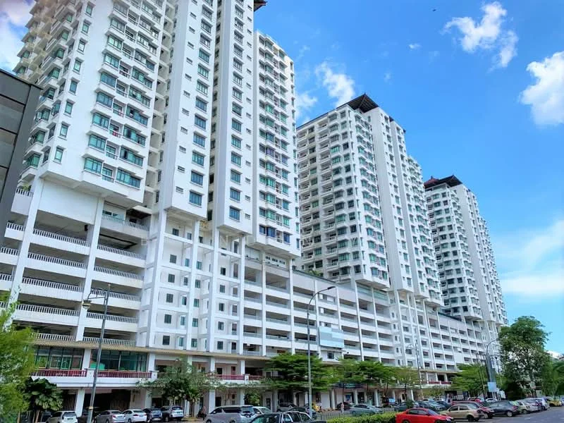 Exterior type: high-rise condominium; features: white painted facade, glass windows, multiple balconies, parking deck visible, surrounded by greenery, 3-storey parking structure, modern architectural design, elevated building, landscaped area at the base; style: modern.