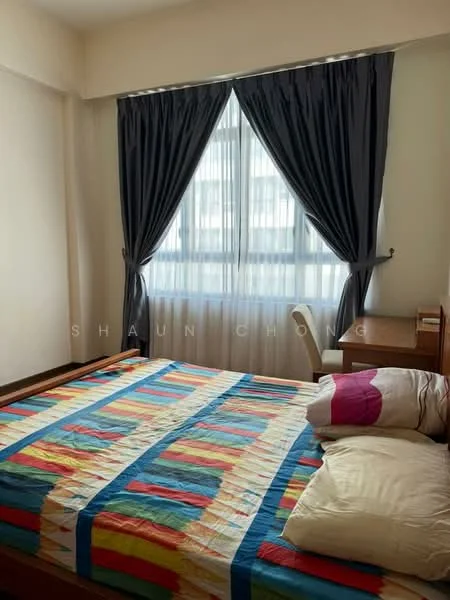 Bedroom features: queen-size bed with colorful bedding, wooden bed frame, two decorative pillows, curtains in dark grey, floor-to-ceiling window, wooden bedside table, lamp on bedside table, light-colored walls, wooden flooring; style: modern.