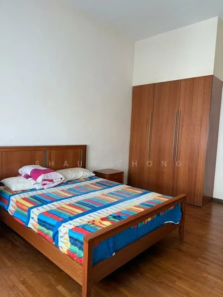 Bedroom features: queen-size bed with colorful bedding, wooden bed frame, wooden wardrobe with sliding doors, nightstand, wooden flooring, plain white walls, natural light from window, decorative pillows; style: modern.