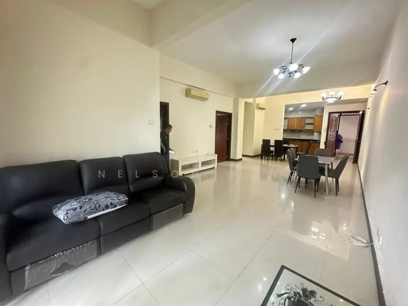 Living features: 3-seater leather sofa in black, coffee table, dining table for 6 with upholstered chairs, wall-mounted air conditioning unit, recessed downlights, white painted walls, glossy ceramic tile flooring, decorative wall art, open layout to kitchen, large entryway, neutral color scheme; style: modern.