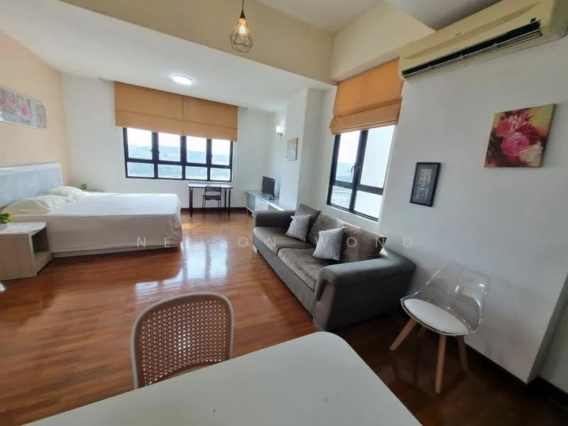 Room features: queen-size bed with upholstered headboard, 2 bedside tables, wall-mounted TV, sofa in grey fabric, coffee table, dining table with 4 chairs, large windows with city view, air conditioning unit, wooden flooring, decorative wall art, sheer curtains, recessed ceiling lights; style: modern; view: city.