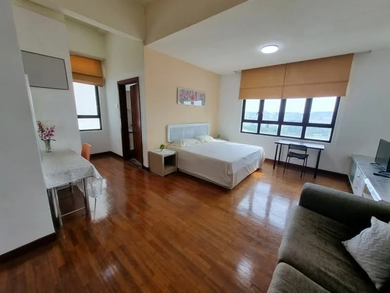 Bedroom features: wooden flooring, white painted walls, large windows with city view, queen-size bed, upholstered headboard, bedside table, table lamp, study desk with chair, TV console, wall-mounted TV, sofa, dining table with chairs, roller blinds; style: modern; view: city.