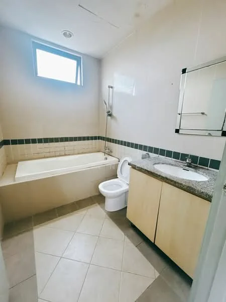 Bathroom features: bathtub, shower with glass panel, single-sink vanity with granite countertop, mirror above vanity, one-piece toilet, tile flooring, cream painted walls, window for natural light; style: modern.