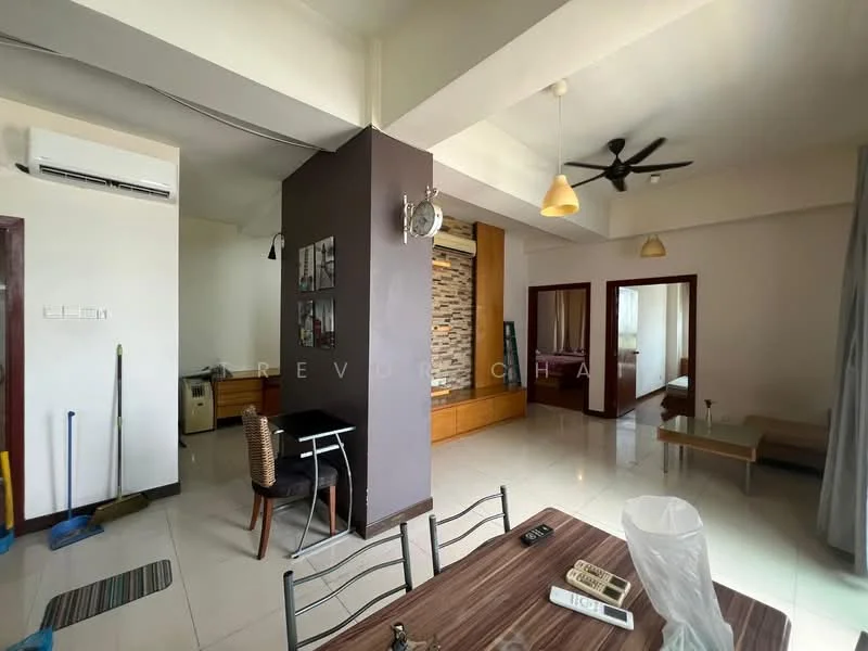 Living features: white painted walls, polished tile flooring, 5-blade ceiling fan with light, wall-mounted split AC, wooden feature wall with stone cladding, sofa, coffee table, dining table with chairs, decorative wall art, curtains, open layout to kitchen, natural light from windows; style: modern. Kitchen features: white cabinetry, countertop, stainless-steel sink, built-in stove, refrigerator, open layout to living area; style: modern.