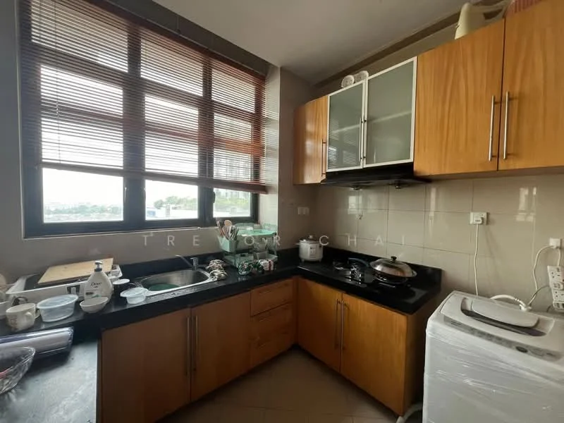 Kitchen features: black granite countertop, wood cabinetry in light brown, stainless-steel sink, chrome pull-down faucet, built-in stove, microwave, dishwasher, window with wooden blinds, tile backsplash, washing machine, ceramic tile flooring; style: modern; view: city.