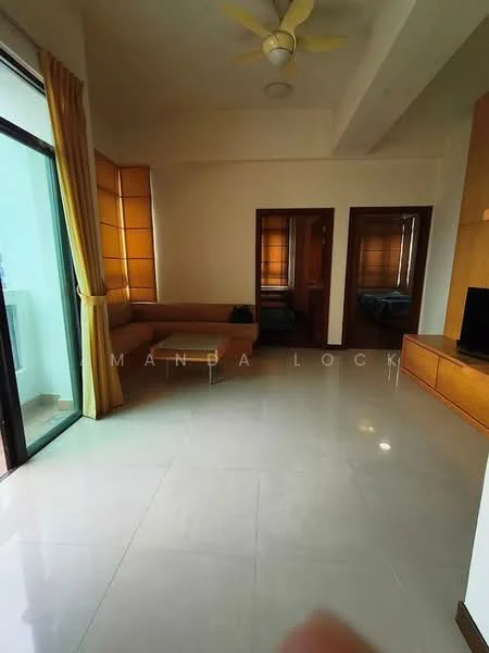 Living features: large sliding glass door, floor-to-ceiling windows, cream painted walls, white ceiling, 5-blade ceiling fan, tile flooring, built-in wooden cabinetry, sofa area with cushions, TV console, natural light from windows, curtains, open layout; style: modern.