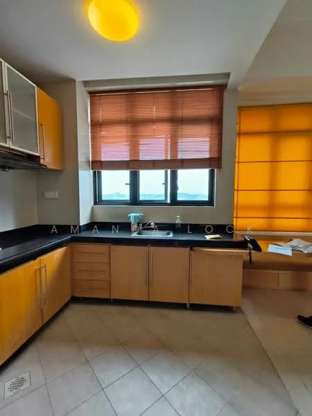 Kitchen features: black countertop, wood cabinetry with yellow finish, stainless-steel sink, chrome pull-down faucet, built-in oven, ceramic tile flooring, window with blinds, kitchen island, recessed lighting, pantry storage; style: modern; view: city.