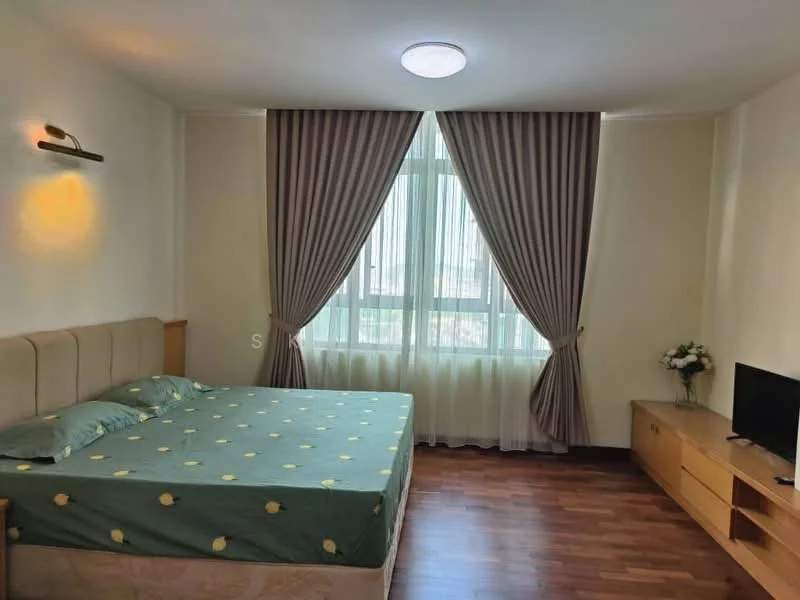 Bedroom features: queen-size bed with green bedding and yellow pattern, upholstered headboard, wooden bedside table, wall-mounted light fixture, floor-to-ceiling windows, sheer curtains, dark wood flooring, TV console with TV, decorative plant in ceramic pot; style: modern; view: city.