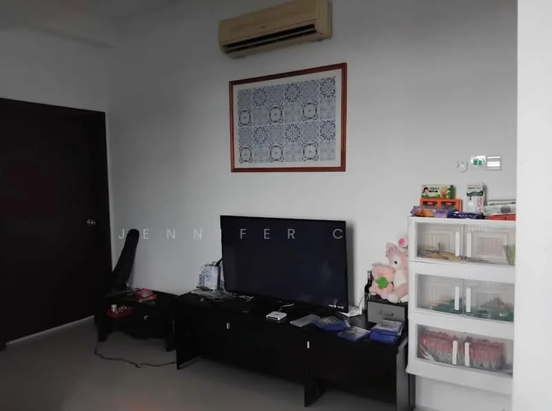 Living features: wall-mounted TV, black TV console, air conditioning unit, white painted walls, light-colored flooring, decorative wall art, shelves with storage boxes, stuffed toys, black armchair, floor lamp; style: modern.