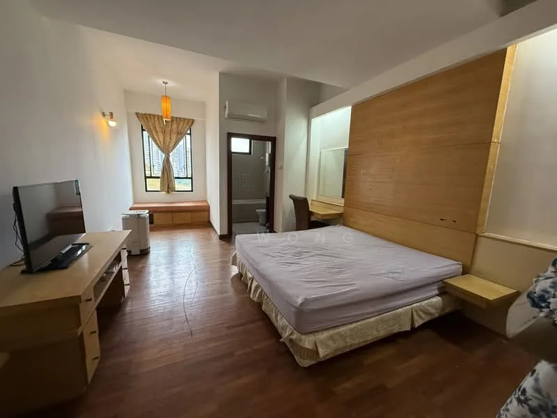 Bedroom features: wooden flooring, white painted walls, large window with sheer curtains, queen-size bed with no bedding, wooden headboard, built-in wooden shelving, wall-mounted TV, desk with chair, air conditioning unit, decorative pendant light, window seat with storage, wall mirror; style: modern; view: city.