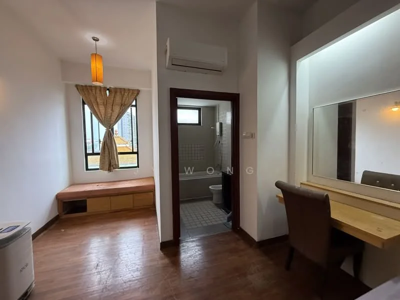 Room features: wooden flooring, white painted walls, floor-to-ceiling window, curtains, wall-mounted air conditioning unit, light fixture, built-in bench seating, desk with chair, mirror, doorway leading to bathroom; style: modern; view: city.