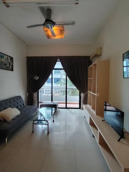 Living features: grey fabric sofa, glass coffee table, TV console, wall-mounted TV, floor-to-ceiling windows, sheer curtains, dark brown curtains, ceiling fan with light, white painted walls, glossy tile flooring, decorative artwork on walls; style: modern; view: city.