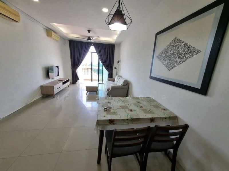 Living features: cream painted walls, glossy tile flooring, 5-blade ceiling fan with light, recessed downlights, sofa in light beige fabric, wooden coffee table, TV console in light wood, wall-mounted TV, floor-to-ceiling sliding glass door, curtains in dark grey, decorative wall art, dining table with floral tablecloth, 4 wooden dining chairs; style: modern; view: city.