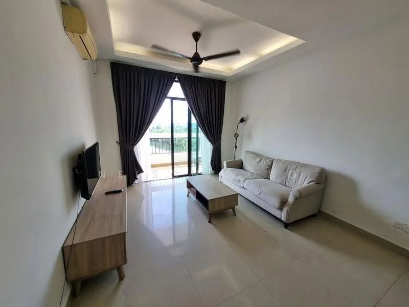 Living features: cream painted walls, white ceiling with recessed lighting, floor-to-ceiling sliding glass door, dark brown curtains, 3-seater fabric sofa in light grey, wooden coffee table, TV console in light wood, wall-mounted TV, 1 ceiling fan with light, tile flooring; style: modern; view: garden.